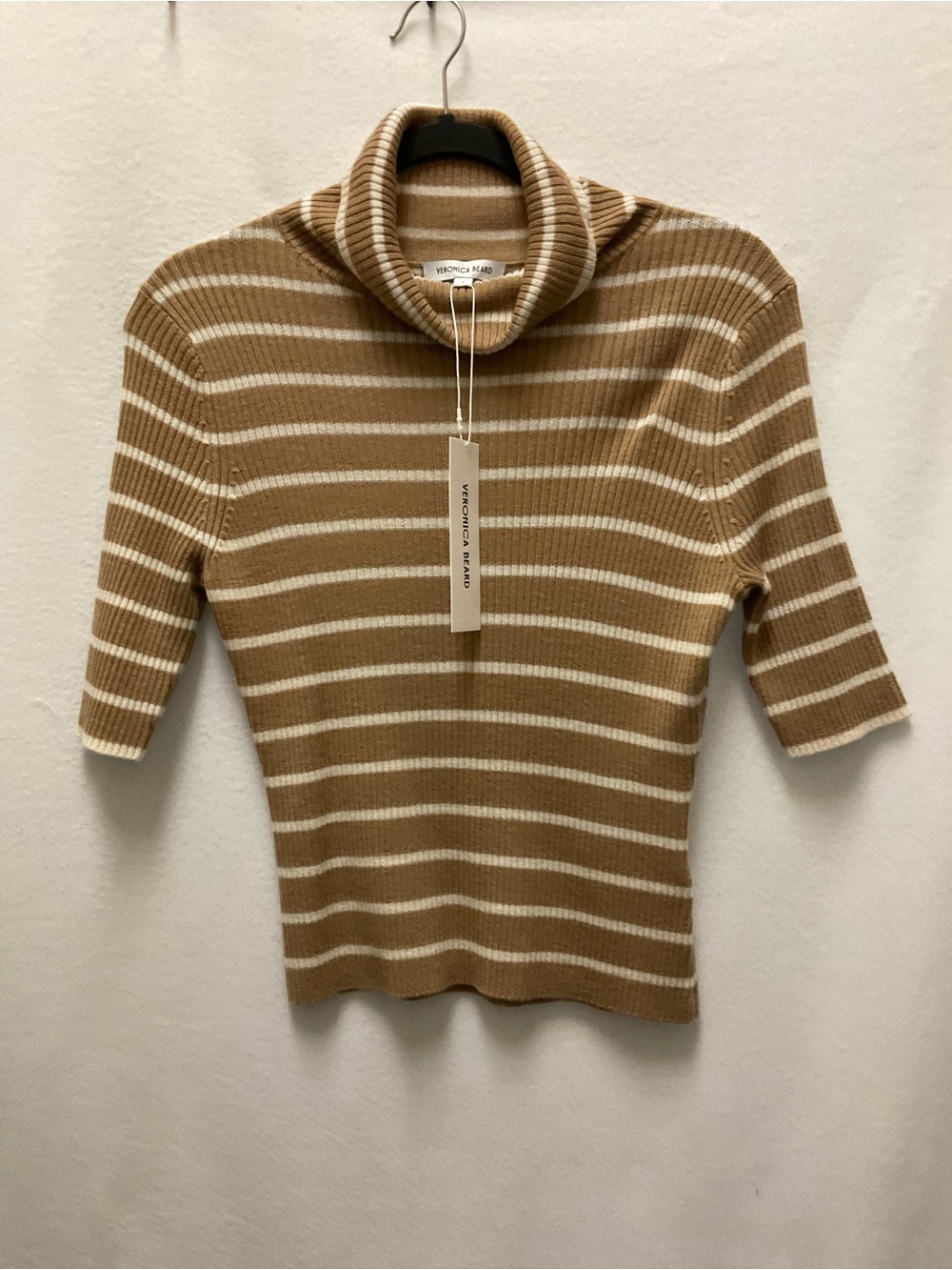 Veronica Beard Camel & Cream Striped Turtle Neck Sweater